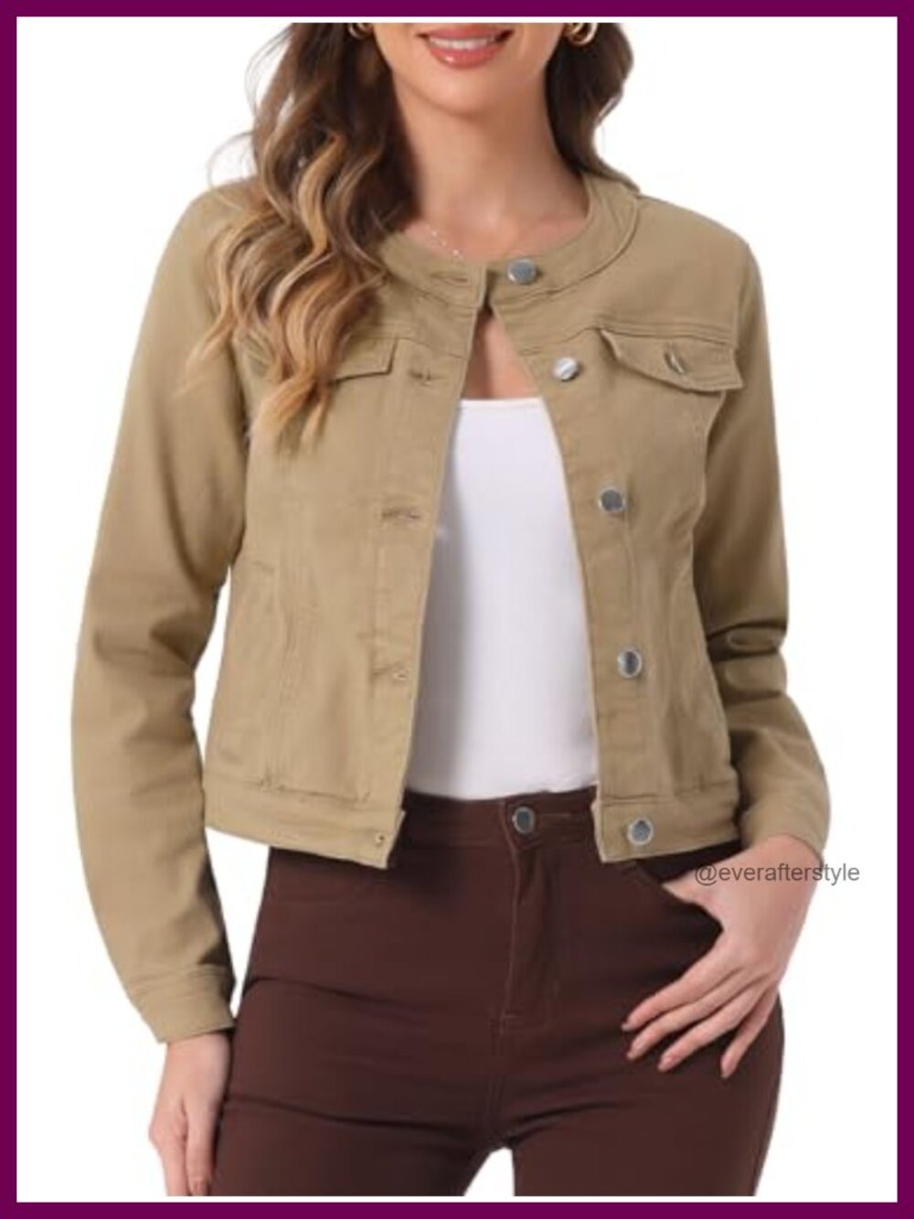 Collarless Cropped Denim Jacket Long Sleeve Round Neck Button Jean Jacket